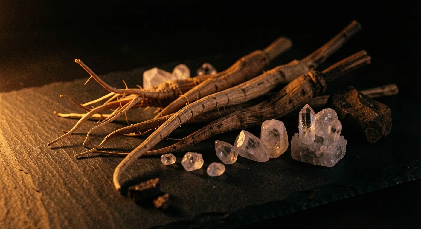 Botanical roots and mineral crystals