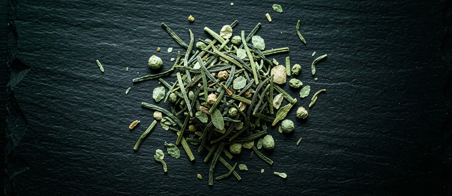 Green tea leaves and yerba mate herbs