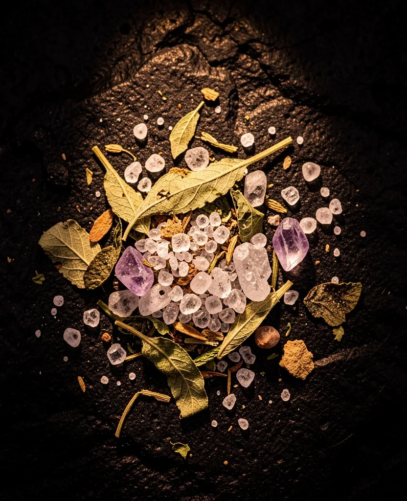 Natural mineral and herbal ingredients on dark slate